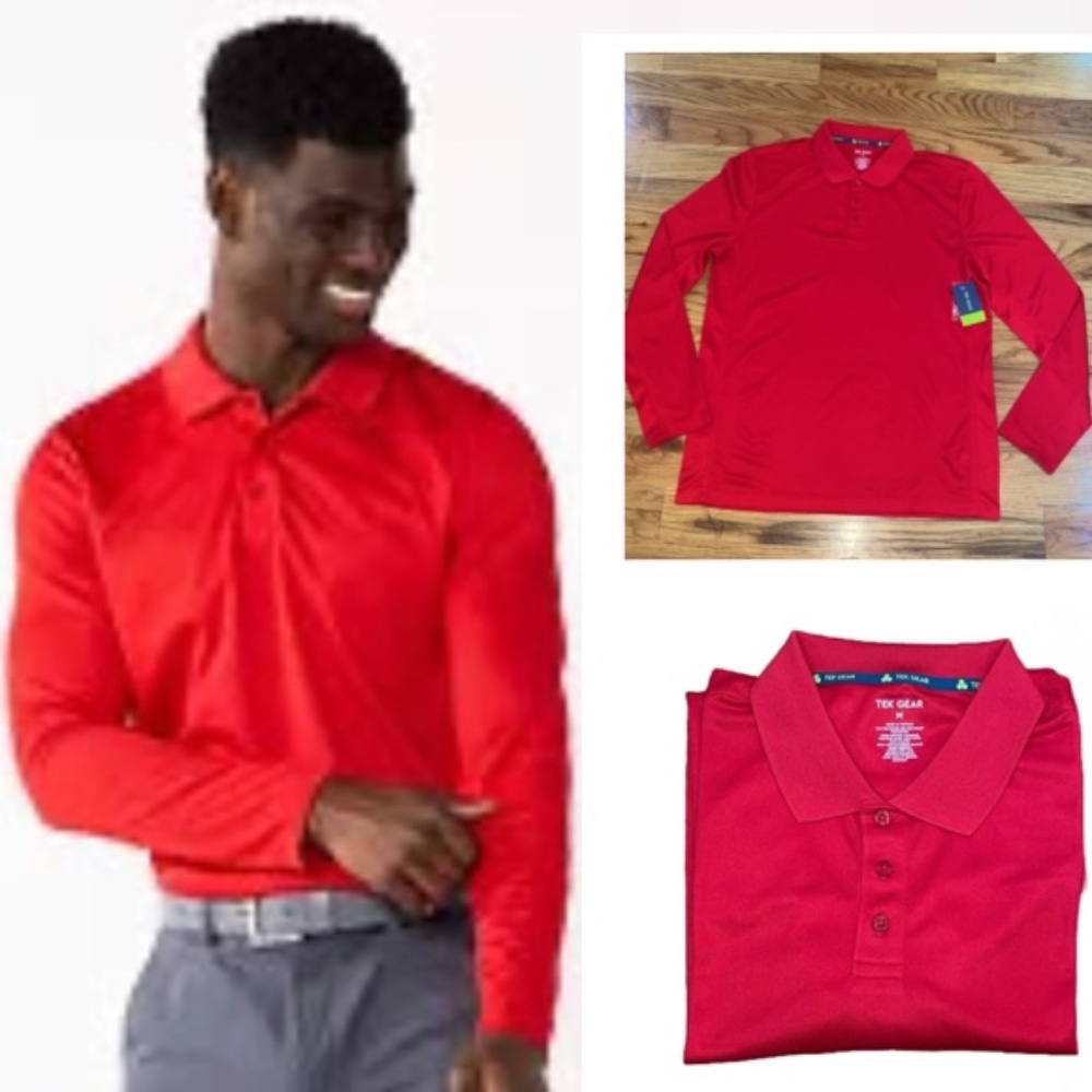 NEW Men's Tek Gear Long Sleeve Polo Polyester Dress Shirt Red Large L